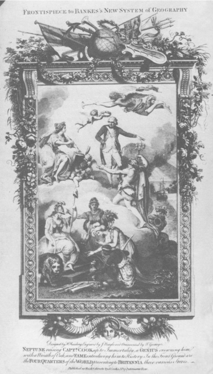 Frontispiece to Bankes’s New System of Geography ‘Neptune raising Captain Cook up to Immortality’ [book plate]