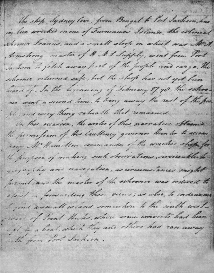 Matthew Flinders’ handwritten pages from Narrative of an expedition to Furneauxs Islands, March 1798. [manuscript page]