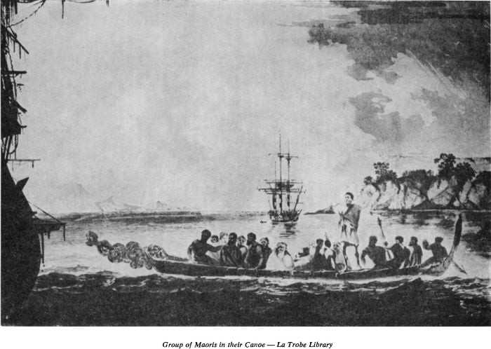 ‘Group of Maoris in their canoe.’ 37.5 cm x 53 cm. Pen and ink drawing by William Hodges 1744-1797.  [pen, indian ink and tints of watercolour]