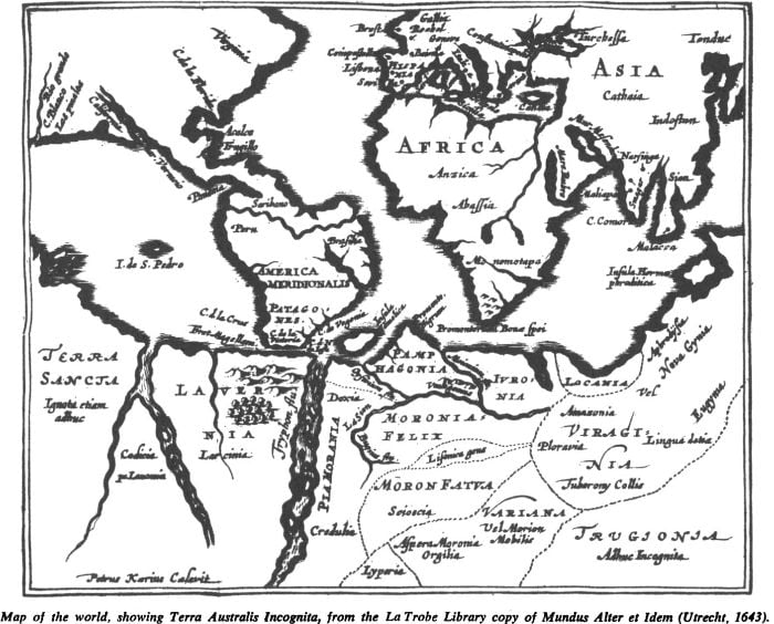 ‘Map of the world, showing Terra Australia Incognita, from the La Trobe Library copy of Mundus Alter et Idem (Utrecht, 1643) [map]