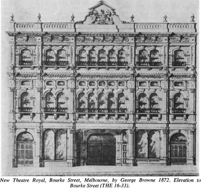 New Theatre Royal, Bourke Street, Melbourne, by George Browne 1872. Elevation to Bourke Street (THE 16-33). [architectural drawing]