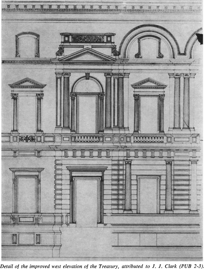 Detail of the improved west elevation of the Treasury, attributed to J.J. Clark (PUB 2-3) [architectural drawing]