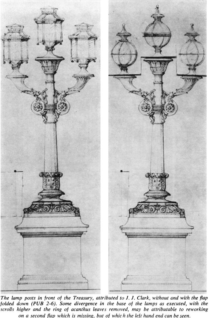 The lamp posts in front of the Treasury, attributed to J. J. Clark, without and with the flap folded down (PUB 2-6). [architectural drawing]