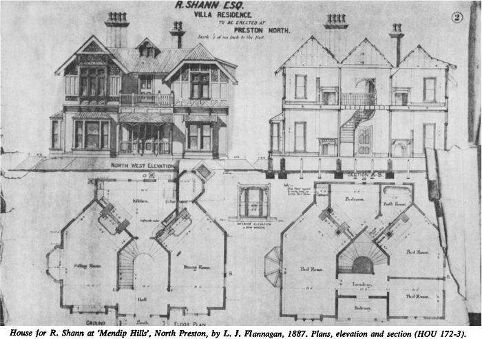 House for R. Shann at ‘Mendip Hills’, North Preston, by L. J. Flannagan, 1887. Plans, elevation and section (HOU 172-3). [architectural drawing]