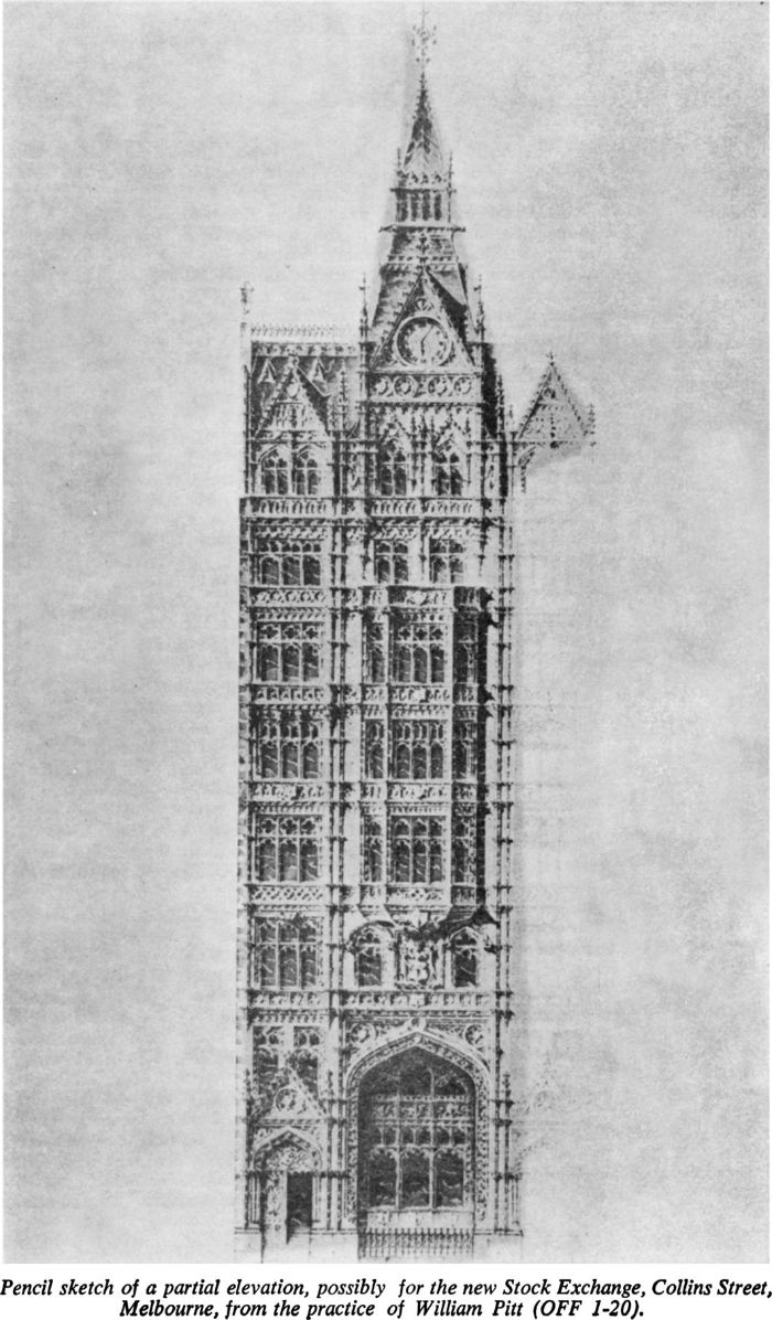 Pencil Sketch of a partial elevation, possibly for the new Stock Exchange, Collins Street, Melbourne, from the practice of William Pitt (OFF 1-20). [architectural drawing]