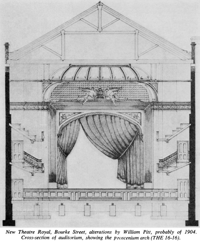 New Theatre Royal, Bourke Street, alterations by William Pitt, probably of 1904. Cross-section of auditorium, showing the proscenium arch (THE 16-16). [architectural drawing]