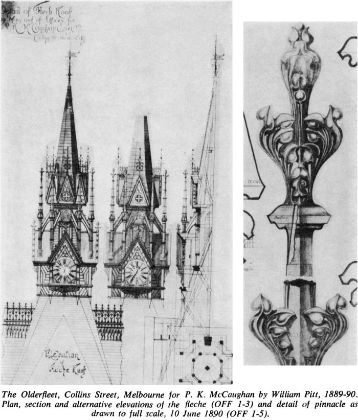 The Olderfleet, Collins Street, Melbourne for P. K. McCaughan by William Pitt, 1889-90. Plan, section and alternative elevations to the fleche (OFF 1-3) and detail of the pinnacle as drawn to full scale, 10 June 1890 (OFF 1-5). [architectural drawing]