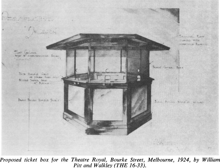 Proposed ticket box for the Theatre Royal, Bourke Street, Melbourne, 1924, by William Pitt and Walkley (THE 16-23). [architectural drawing]