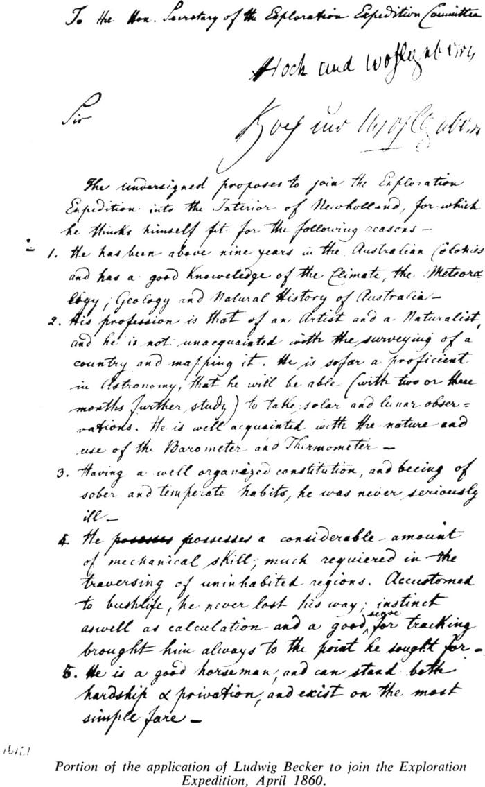 Portion of the application of Ludwig Becker to join the Exploration Expedition, April 1860. [manuscript]
