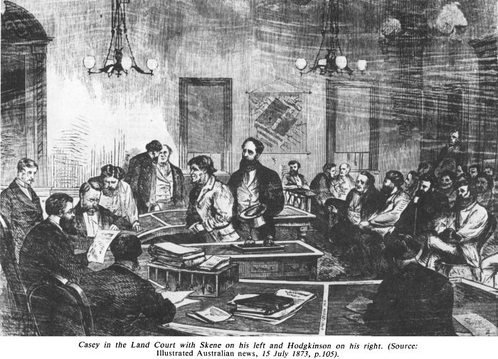 Casey in the Land Court with Skene on his left and Hodgkinson on his right. (Source: Illustrated Australian news, 15 July 1873, p.105). [engraving]
