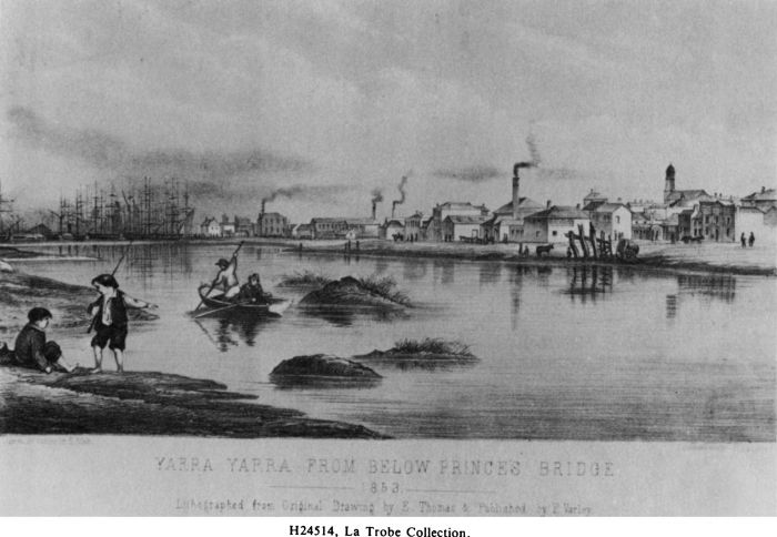‘Yarra Yarra from below Princes Bridge 1853 Lithographed from Original Drawing by E. Thomas & Published by F. Varley H24514, La Trobe Collection [lithograph]