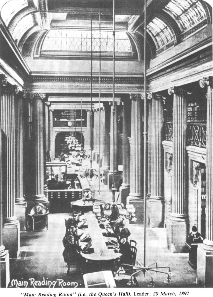 “Main Reading Room” (i.e.. The Queen’s Hall). Leader, 20 March 1897. [photograph]