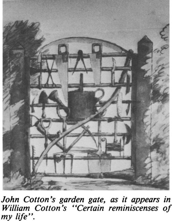 John Cotton’s garden gate, as it appears in William Cotton’s “Certain reminiscences of my life”. [illustration]