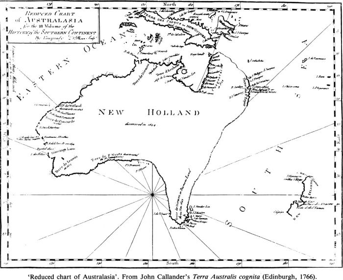 ‘Reduced chart of Australasia’. From John Callander’s Terra Australis cognita (Edinburgh, 1766). [map]