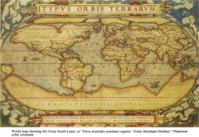 World map showing the Great South Land, or ‘Terra Australis nondum cognita’. From Abraham Ortelius’ ‘Theatrum orbis terrarum. [map]