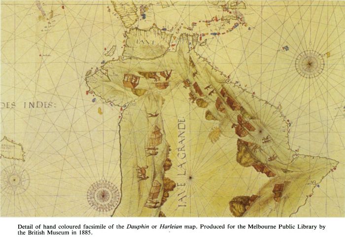 Detail of hand coloured facsimile of the Dauphin or Harleian map. Produced for the Melbourne Public Library by the British Museum in 1885.