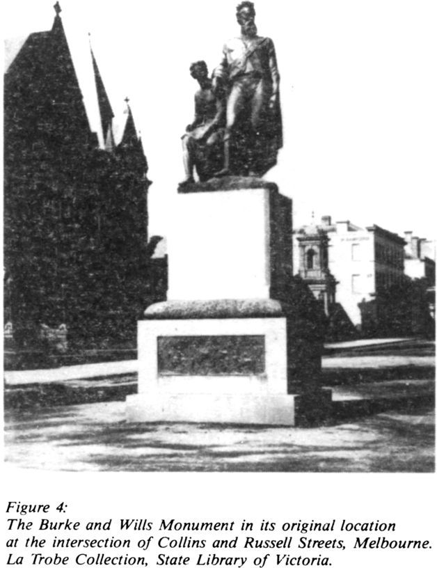 Figure 4: The Burke and Wills Monument in its original location at the intersection of Collins and Russell Streets, Melbourne. La Trobe Collection, State Library of Victoria. [photograph]