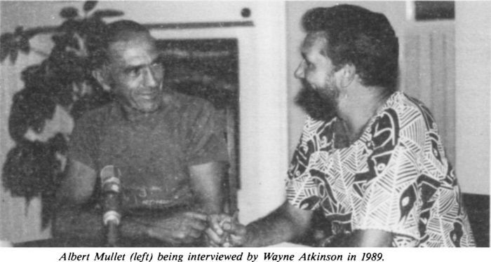 Albert Mullet (left) being interviewed by Wayne Atkinson in 1989. [photograph]