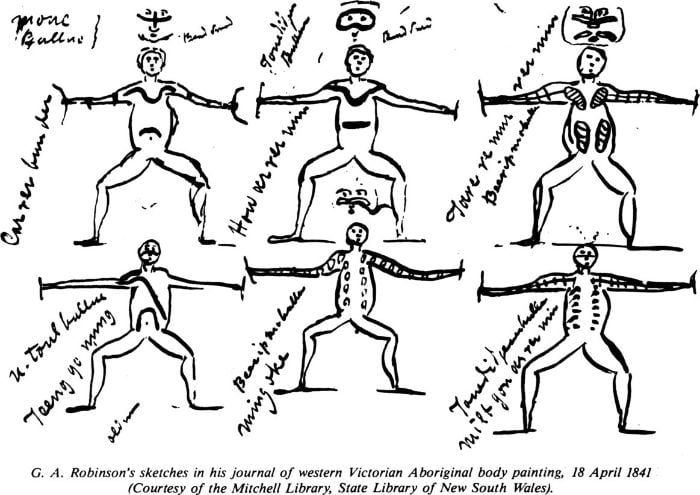 G. A. Robinson’s sketches in his journal of western Victorian Aboriginal body painting, 18 April 1841 (Courtesy of the Mitchell Library, State Library of New South Wales). [drawing]