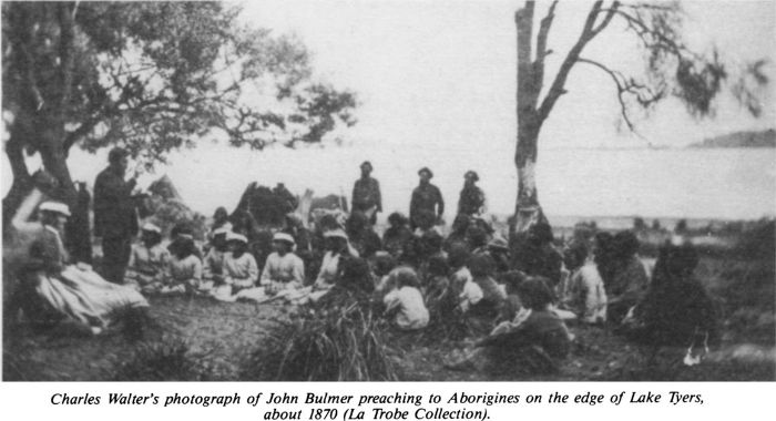 Charles Walter’s photograph of John Bulmer preaching to Aborigines on the edge of Lake Tyers, about 1870 (La Trobe Collection). [photograph]