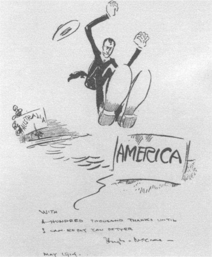 Cartoon by Hugh McCrae “With a hundred thousand thanks until I can repay you better, Hugh McRae, May 1914”. [cartoon]