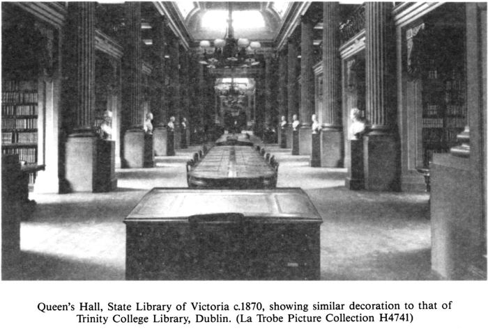 Queen’s Hall, State Library of Victoria c.1870, showing similar decoration to that of Trinity College Library, Dublin. (La Trobe Picture Collection H4741) [photograph]