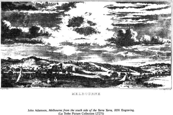 John Adamson, Melbourne fro the south side of the Yarra Yarra, 1839. Engraving. (La Trobe Picture Collection LT271) [engraving]