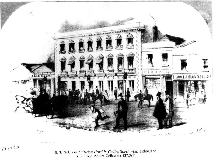 S. T. Gill, The Criterion Hotel in Collins Street West. Lithograph. (La Trobe Picture Collection LTA387) [lithograph]