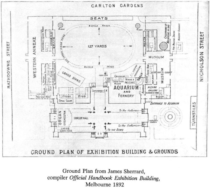 Ground Plan from James Sherrard, compiler Official Handbook Exhibition Building, Melbourne 1892. [plan]