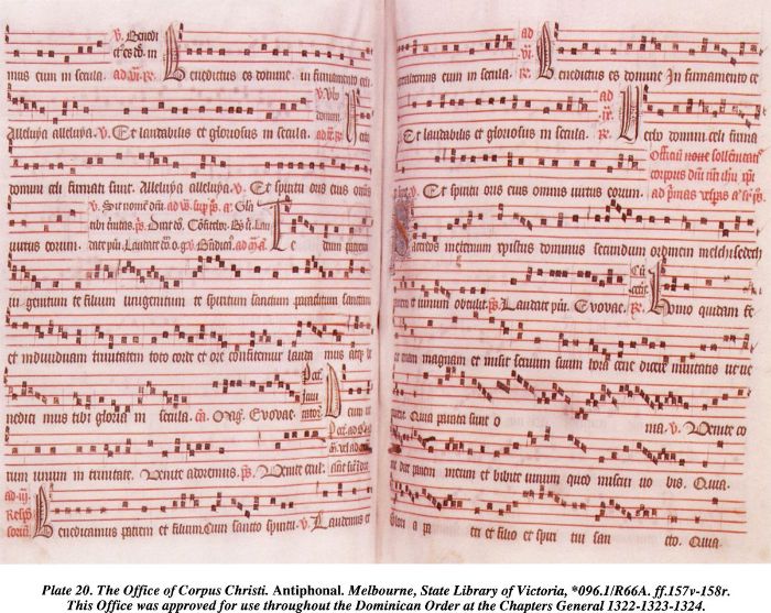 Plate 20. The Office of Corpus Christi. Antiphonal. Melbourne, State Library of Victoria, *096.1/R66A. ff.157v-158r. This Office was approved for use throughout the Dominican Order at the Chapters General 1322-1323-1324. [illuminated page]