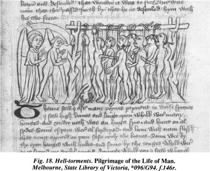 Fig. 18. Hell-torments. Pilgrimage of the Life of Man. Melbourne, State Library of Victoria, *096/G94.f.146r. [illuminated page]