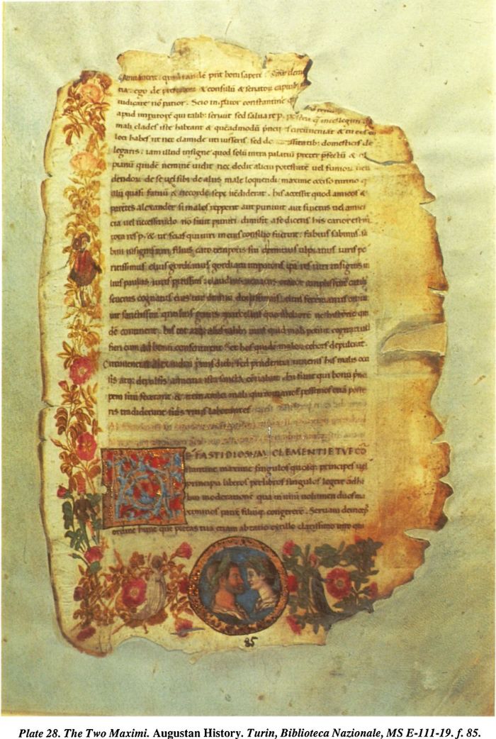 Plate 28. The Two Maximi. Augustan History. Turin, Biblioteca Nazionale, MS E-111-19 f.85. [illuminated page]