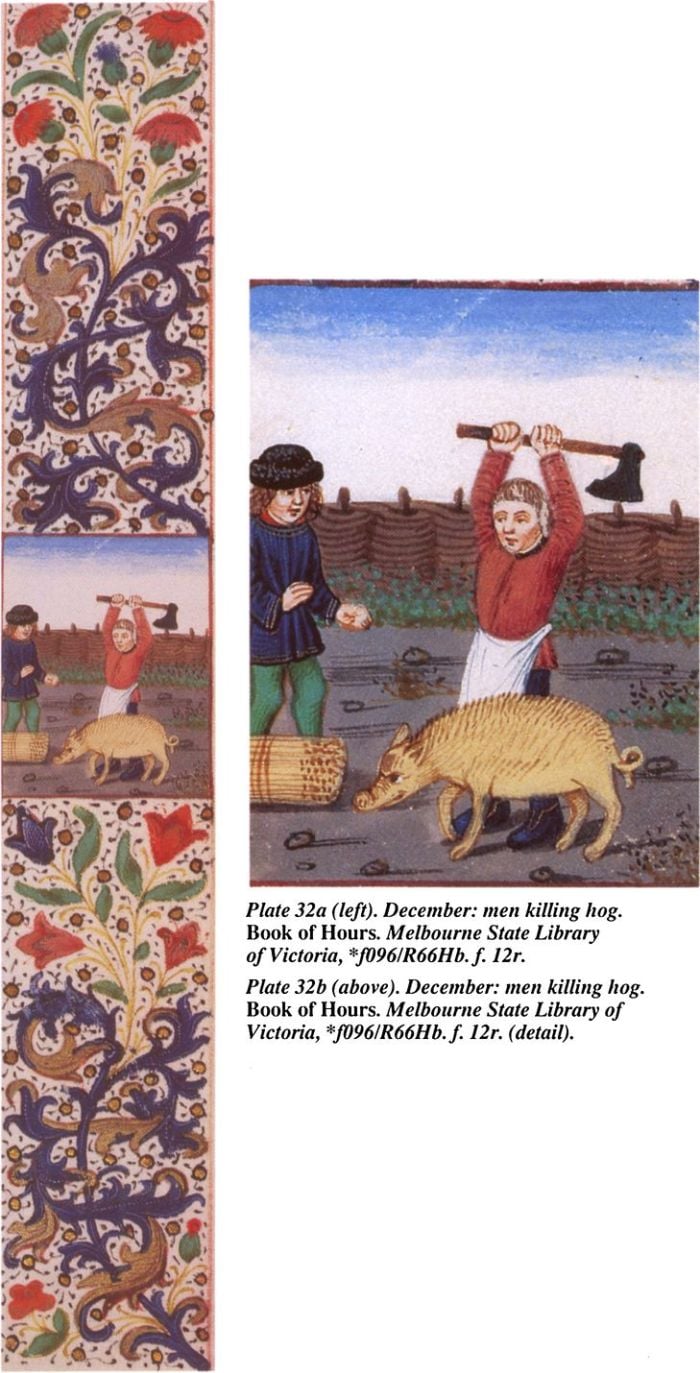 Plate 32a (left). December: men killing hog. Book of Hours. Melbourne, State Library of Victoria, *f096/R66Hb. f12r. [illuminated page, detail]