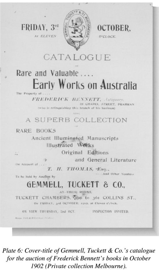 Plate 6: Cover-title of Gemmell, Tucket & Co’s catalogue for the auction of Frederick Bennett’s books in October 1902 (Private Collection, Melbourne). [cover title page]