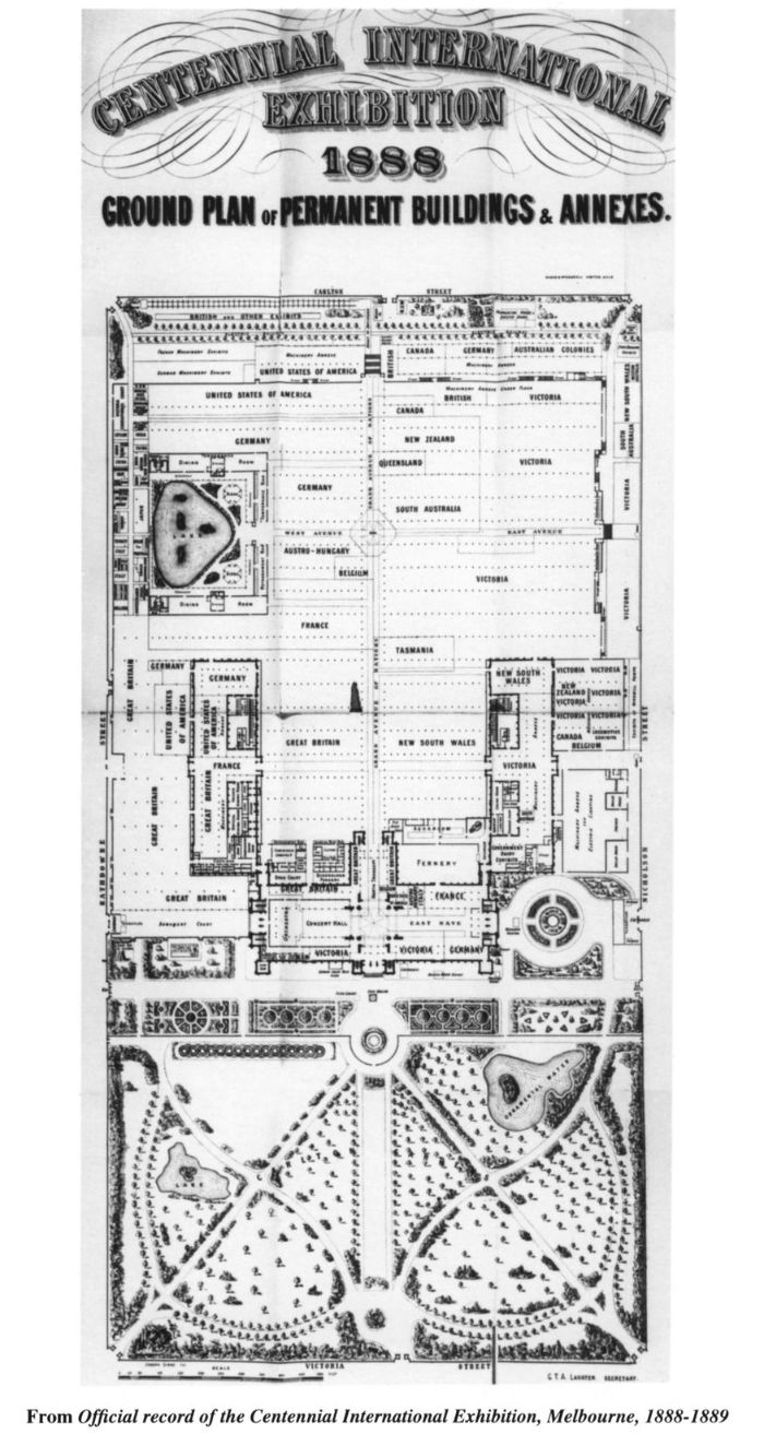 From Official record of the Centennial International Exhibition, Melbourne, 1888-1889. Ground plan of permanent buildings and annexes. [plan]