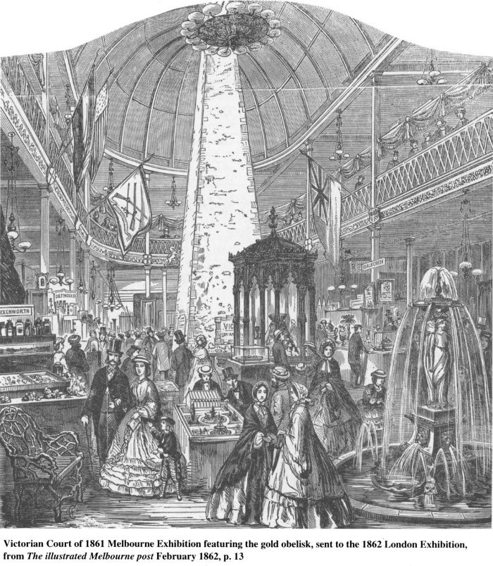 Victorian Court 1861 Melbourne Exhibition featuring the gold obelisk, sent to the 1862 London Exhibition, from The illustrated Melbourne post February 1862, p. 13. [engraving]