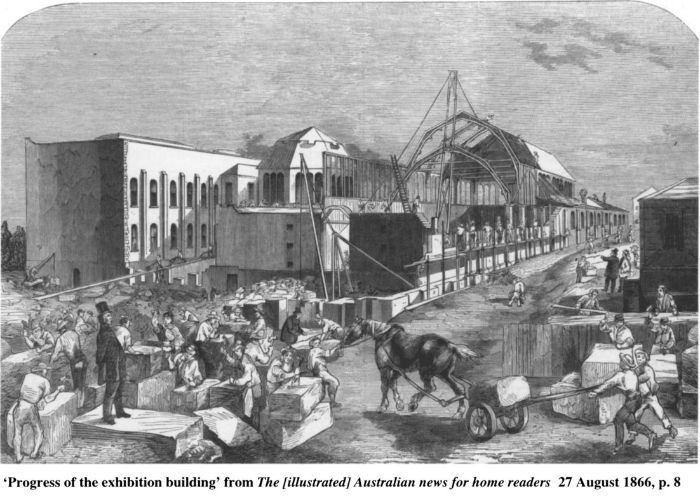 ‘Progress of the exhibition building’ from The [illustrated] Australian news for home readers 27 August 1866, p. 8. [engraving]