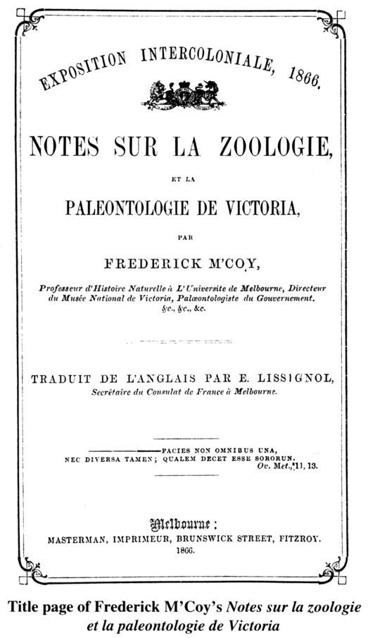 Title page of Frederick M'Coy’s Notes sur la zoologie et la paleontologie de Victoria. [title page]