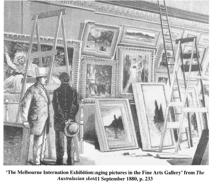 ‘The Melbourne International Exhibition: arranging pictures in the Fine Arts Gallery’ from The Australasian sketcher 11 September 1880, p.233. [illustration]