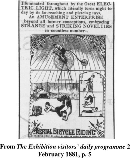 From The Exhibition visitors’ daily programme 2 February 1881, p. 5. ‘Aerial bicycle riding’ [advertisement]