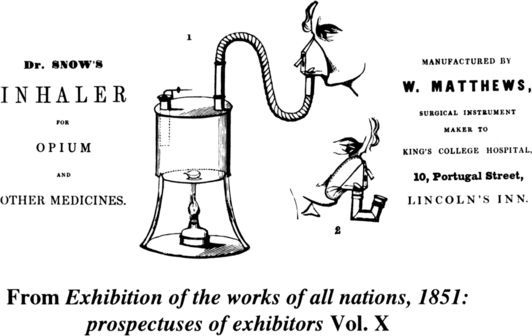 From Exhibition of the works of all nations, 1851: prospectuses of exhibitors Vol. X. ‘Dr Snow’s inhaler for opium and other medicines’ [advertisement]