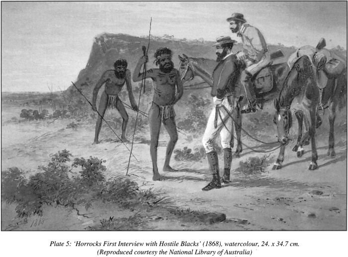 Plate 5: ‘Horrocks First Interview with Hostile Blacks’ (1868), watercolour, 24 x 34.7cm. (Reproduced courtesy of the National Library of Australia) [watercolour]