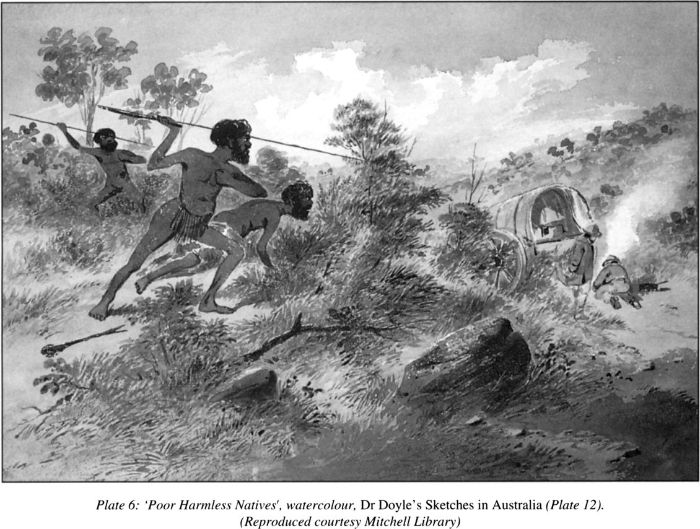 Plate 6: ‘Poor Harmless Natives’, watercolour, Dr Doyle’s Sketches in Australia (Plate 12). (Reproduced courtesy of the Mitchell Library) [watercolour]