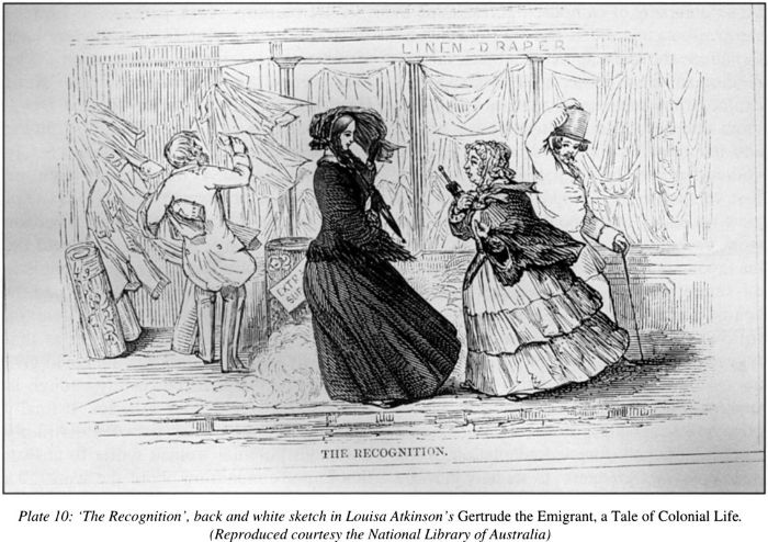 Plate 10: ‘The Recognition’, black and white sketch in Louisa Atkinson’s Gertrude the Emigrant, a Tale of Colonial Life. (Reproduced courtesy of the National Library of Australia) [drawing]