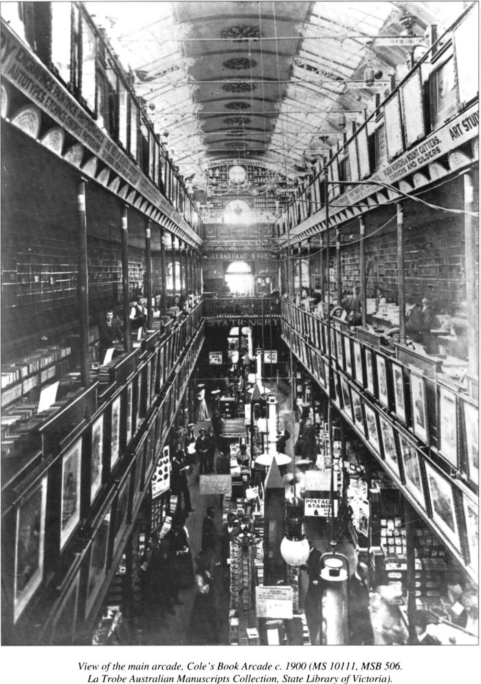 View of the main arcade, Cole’s Book Arcade c.1900 (MS 10111, MSB 506. La Trobe Australian Manuscripts Collection, State Library of Victoria). [photograph]