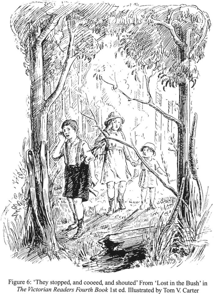 Figure 6: ‘They stopped, and cooed, and shouted’ From ‘Lost in the Bush’ in The Victorian Readers Fourth Book 1st ed. Illustrated by Tom V. Carter. [illustration]