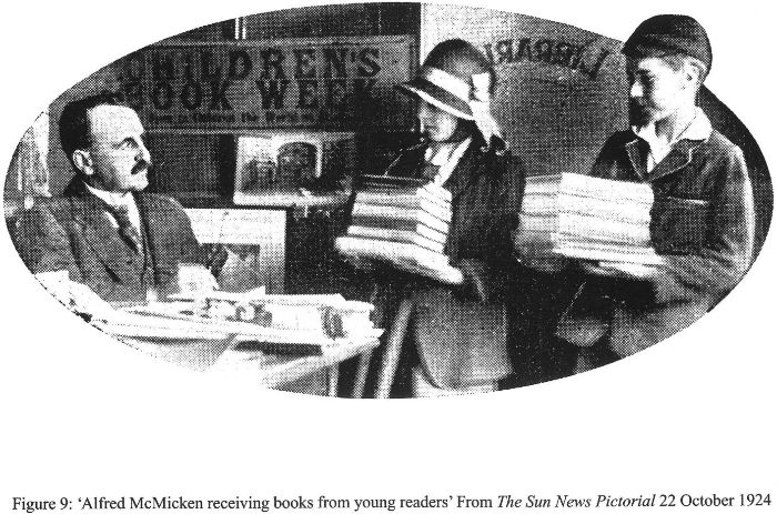 Figure 9: ‘Alfred Mc Micken receiving books from young readers’ From The Sun News Pictorial 22 October 1924. [photo]