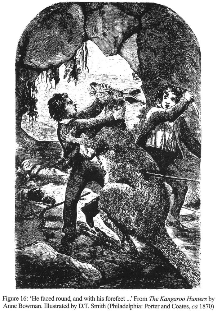 Figure 16: ‘He faced round, and with his forefeet…’ From The Kangaroo Hunters by Anne Bowman. Illustrated by D. T. Smith (Philadelphia: Porter and Coates, ca 1870). [illustration]