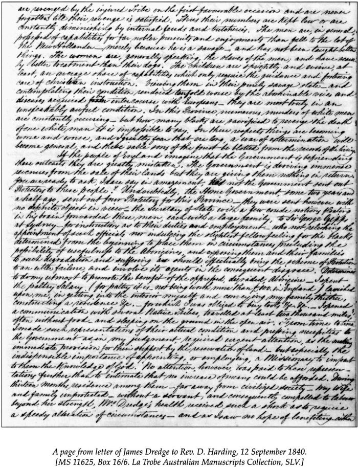 A page from letter of James Dredge to Rev. D. Harding, 12 September 1840. [MS 11625, Box 16/6. La Trobe Australian Manuscripts Collection, SLV] [letter]