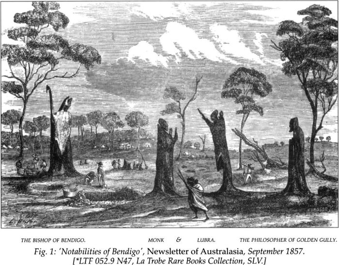 Fig 1: ‘Notabilities of Bendigo’, Newsletter of Australasia, September 1857. [*LTF 052.9 N47, La Trobe Rare Books Collection, SLV] [print]